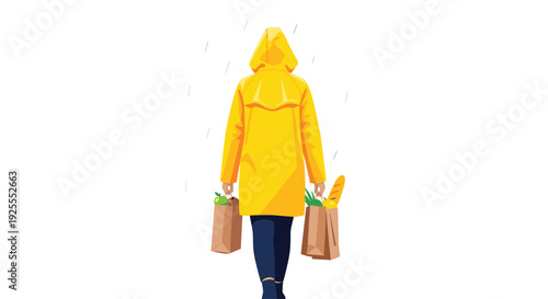 A person seen from behind wearing a yellow raincoat walks through the rain while carrying two brown paper grocery bags filled with food.