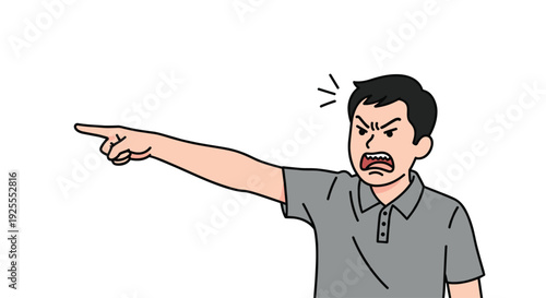 An angry man in a grey polo shirt points his finger to the left while shouting with a furious expression against a white background.
