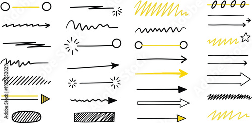 A collection of various arrow and line illustrations in black and yellow