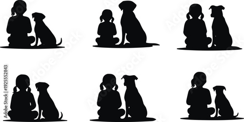 Cute little girl and dog silhouette set, child sitting with pet puppy isolated on white background vector illustration