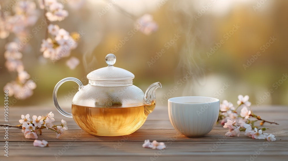 Fototapeta premium Transparent glass teapot filled with steaming tea beside a white cup on a wooden table, surrounded by cherry blossom branches in a serene outdoor setting