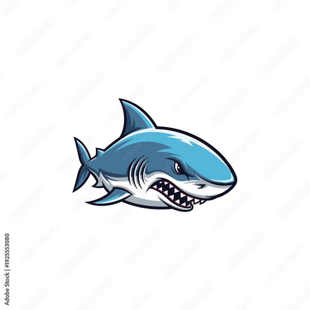 Obraz premium Aggressive blue cartoon shark mascot with sharp teeth