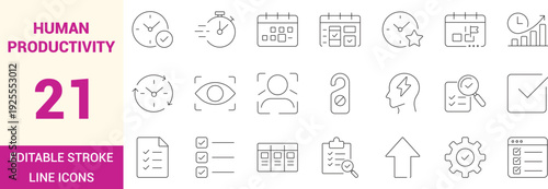 Human productivity icon set featuring time management, focus, efficiency, task planning, workflow optimization and performance growth concepts for UI, UX and web design.
