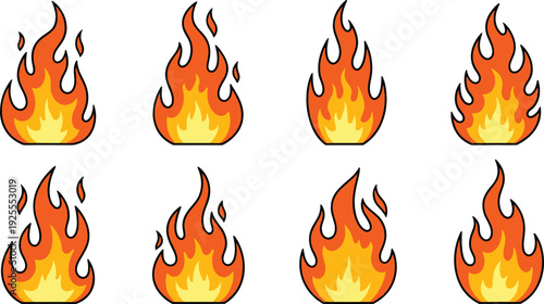 Set of 9 Cartoon Flame Illustrations for Fire, Energy, and Hot Design Themes