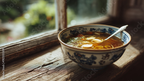 A comforting bowl of golden chicken soup with thin homemade noodles, placed on a weathered wooden windowsill in soft natural light.