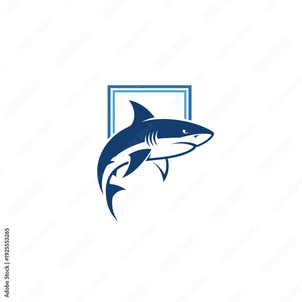 Fototapeta premium Aggressive blue shark with a dynamic pose in a rectangular frame logo