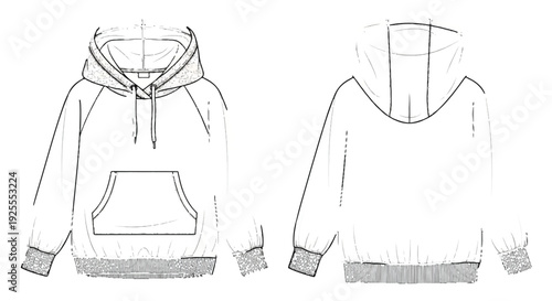 Fashion Flat Technical Drawing of Hoodie Front and Back Views isolated PNG with Transparent Background