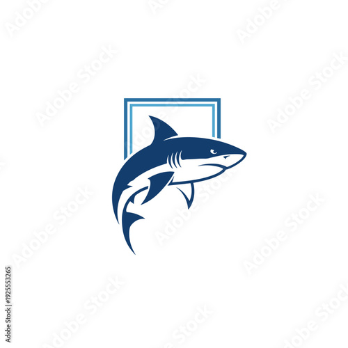 Aggressive blue shark with a dynamic pose in a rectangular frame logo