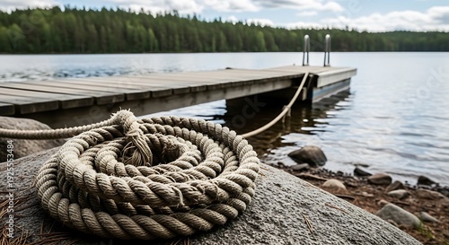 Coiled Rope on Rock by Lake with Wooden Dock and Forest Background