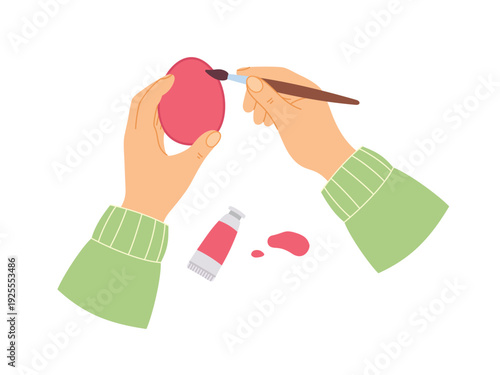 Hands painting Easter egg with brush and red paint. Flat vector illustration of DIY holiday craft isolated on light background.