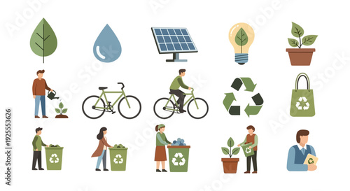 set of ecology icons Vector illustration of recycling, renewable energy, and green living concepts