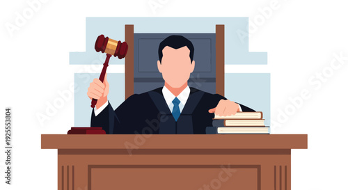 Modern vector illustration of judge seated at courtroom bench delivering verdict with gavel and legal books, representing justice system authority, legal decision and courtroom procedure