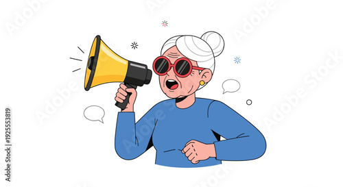 An elderly woman in a blue sweater and red sunglasses shouts through a yellow megaphone surrounded by small graphic elements.