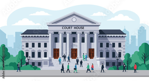 Modern vector illustration of grand courthouse building exterior with classical columns and stairs, symbolizing justice, law, civic authority and public legal institution in urban environment