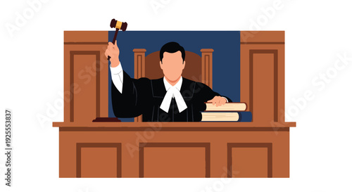 Modern vector illustration of judge seated at courtroom bench delivering verdict with gavel and legal books, representing justice system authority, legal decision and courtroom procedure