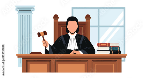 Modern vector illustration of judge seated at courtroom bench delivering verdict with gavel and legal books, representing justice system authority, legal decision and courtroom procedure