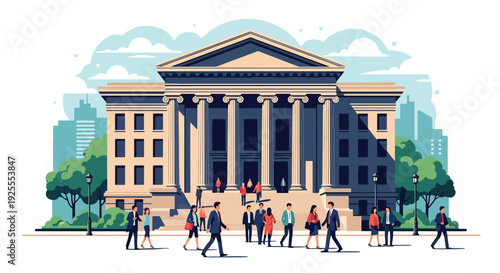 Modern vector illustration of grand courthouse building exterior with classical columns and stairs, symbolizing justice, law, civic authority and public legal institution in urban environment