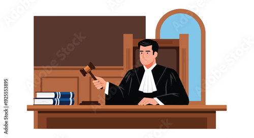 Modern vector illustration of judge seated at courtroom bench delivering verdict with gavel and legal books, representing justice system authority, legal decision and courtroom procedure