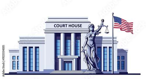 Modern vector illustration of courthouse facade with justice statue and national flag, symbolizing equality, fairness, civic responsibility and legal system authority