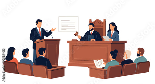 Modern vector illustration of lawyer presenting case before judge and jury in courtroom, representing legal advocacy, justice process and professional courtroom litigation scene
