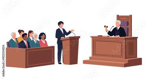 Modern vector illustration of lawyer presenting case before judge and jury in courtroom, representing legal advocacy, justice process and professional courtroom litigation scene