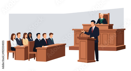 Modern vector illustration of lawyer presenting case before judge and jury in courtroom, representing legal advocacy, justice process and professional courtroom litigation scene