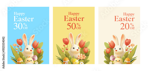 Easter posters with discount. Spring promotion offer. 3D bunny with Easter eggs and a little chicken hiding in spring flowers. Vector illustration.
