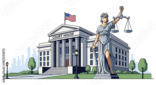 Modern vector illustration of courthouse facade with justice statue and national flag, symbolizing equality, fairness, civic responsibility and legal system authority