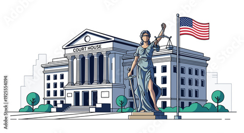 Modern vector illustration of courthouse facade with justice statue and national flag, symbolizing equality, fairness, civic responsibility and legal system authority