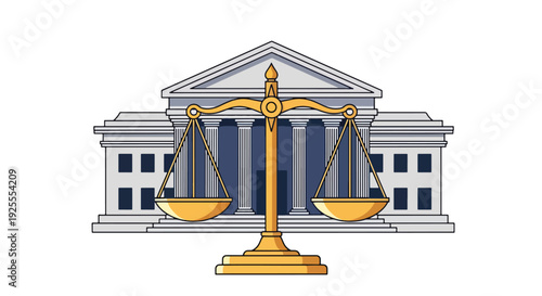Modern vector illustration of scales of justice displayed before courthouse building, symbolizing equality, fairness, balance and legal system authority