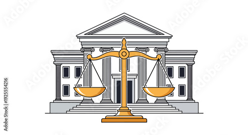 Modern vector illustration of scales of justice displayed before courthouse building, symbolizing equality, fairness, balance and legal system authority