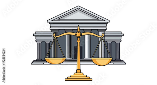 Modern vector illustration of scales of justice displayed before courthouse building, symbolizing equality, fairness, balance and legal system authority