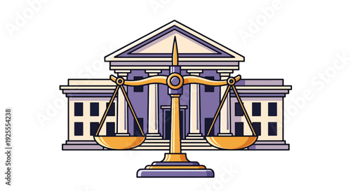 Modern vector illustration of scales of justice displayed before courthouse building, symbolizing equality, fairness, balance and legal system authority