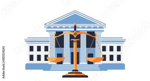Modern vector illustration of scales of justice displayed before courthouse building, symbolizing equality, fairness, balance and legal system authority