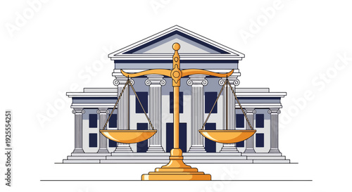 Modern vector illustration of scales of justice displayed before courthouse building, symbolizing equality, fairness, balance and legal system authority