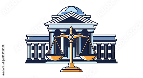 Modern vector illustration of scales of justice displayed before courthouse building, symbolizing equality, fairness, balance and legal system authority