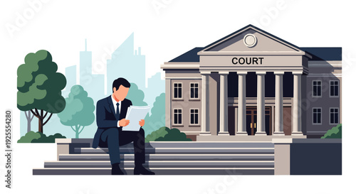 Modern vector illustration of lawyer reviewing legal documents on courthouse steps, representing case preparation, justice advocacy and professional courtroom readiness