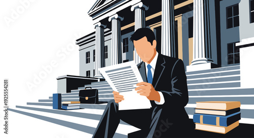 Modern vector illustration of lawyer reviewing legal documents on courthouse steps, representing case preparation, justice advocacy and professional courtroom readiness