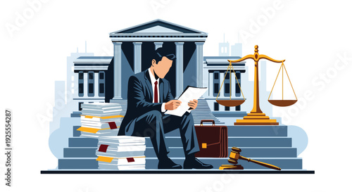 Modern vector illustration of lawyer reviewing legal documents on courthouse steps, representing case preparation, justice advocacy and professional courtroom readiness