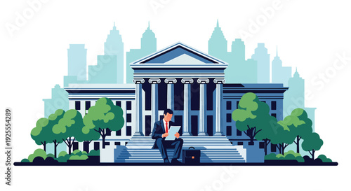 Modern vector illustration of lawyer reviewing legal documents on courthouse steps, representing case preparation, justice advocacy and professional courtroom readiness