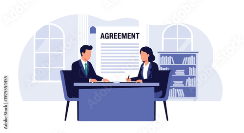 Modern vector illustration of lawyer and client signing legal agreement in courthouse office representing contract approval, justice process and professional law service