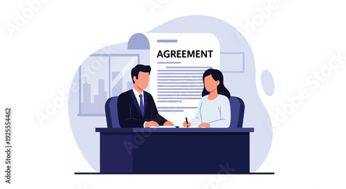 Modern vector illustration of lawyer and client signing legal agreement in courthouse office representing contract approval, justice process and professional law service