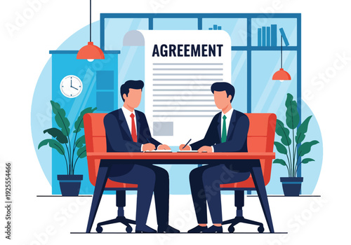 Modern vector illustration of lawyer and client signing legal agreement in courthouse office representing contract approval, justice process and professional law service