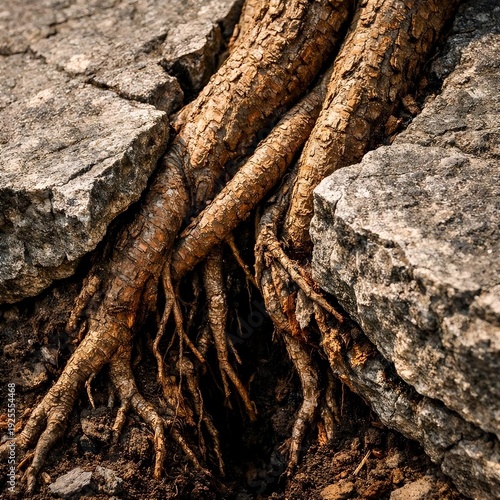 Strong tree roots growing through a cracked rock representing resilience