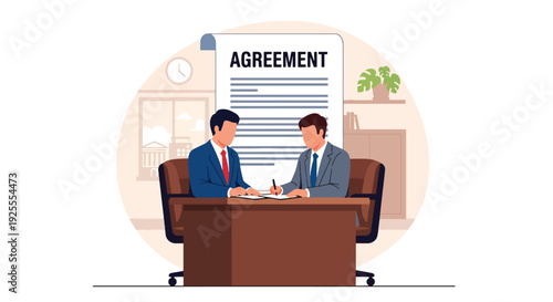 Modern vector illustration of lawyer and client signing legal agreement in courthouse office representing contract approval, justice process and professional law service