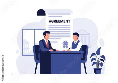 Modern vector illustration of lawyer and client signing legal agreement in courthouse office representing contract approval, justice process and professional law service
