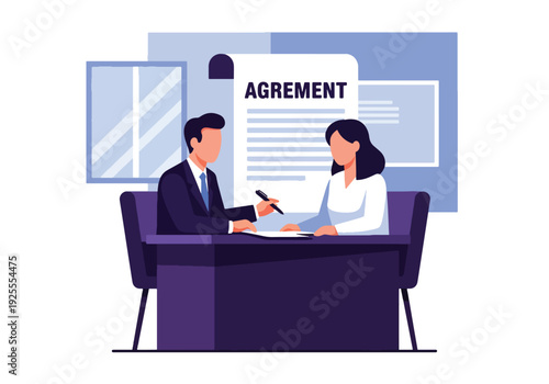 Modern vector illustration of lawyer and client signing legal agreement in courthouse office representing contract approval, justice process and professional law service