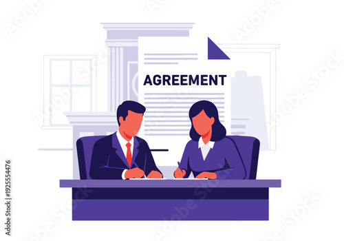 Modern vector illustration of lawyer and client signing legal agreement in courthouse office representing contract approval, justice process and professional law service