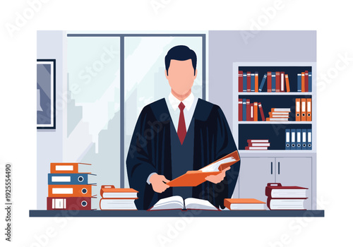 Modern vector illustration of legal clerk organizing case files and documents in courthouse office representing administration, documentation and justice system workflow