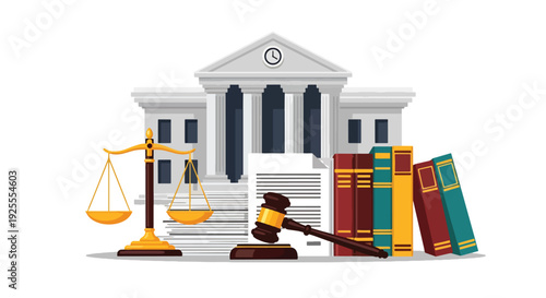 Modern vector illustration of courthouse building with gavel, scales and legal book combined representing law authority, fairness and complete justice system concept